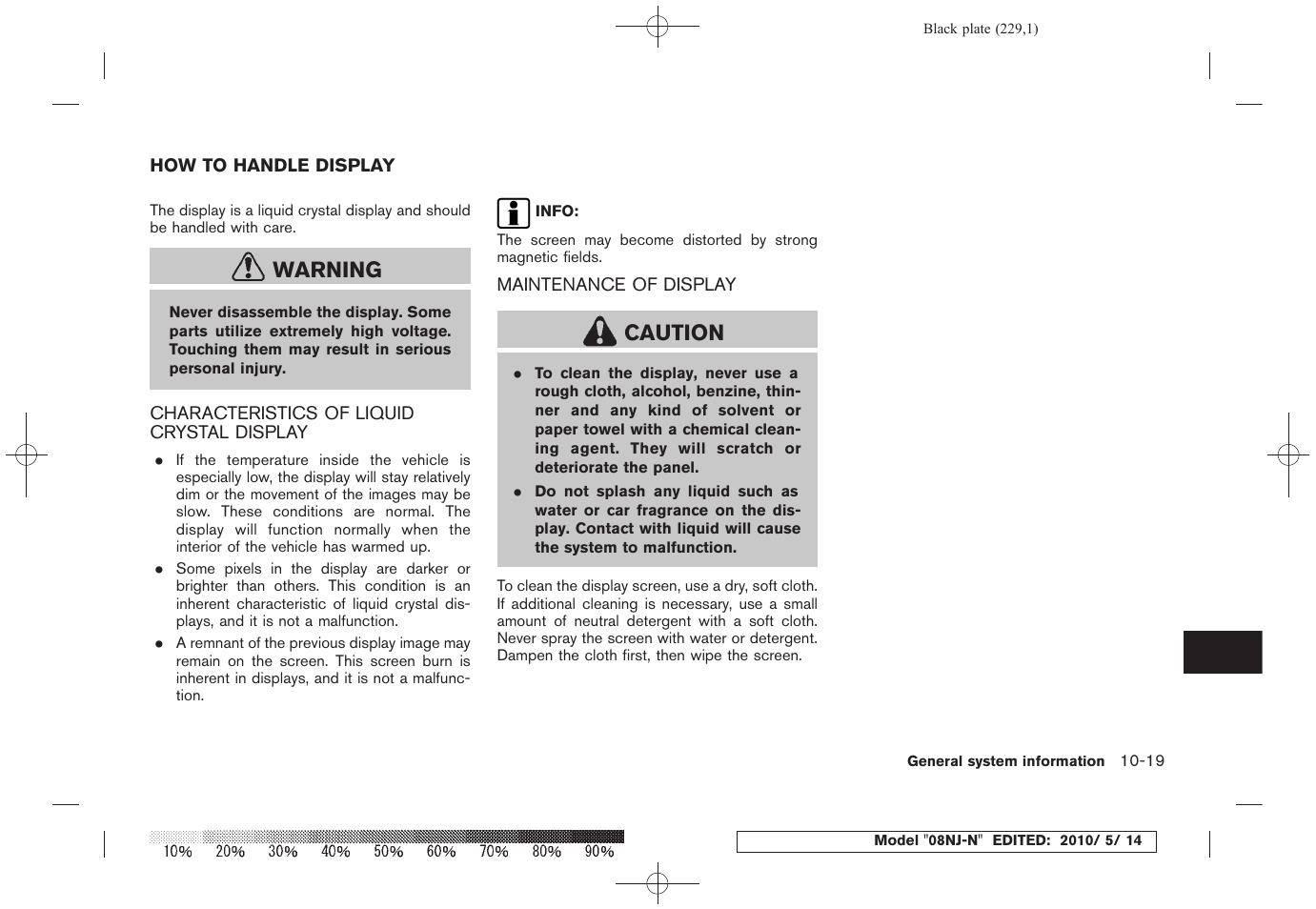 How to handle display -19, Warning, Caution | NISSAN 2010 Maxima - Navigation System Owner's Manual User Manual | Page 218 / 241