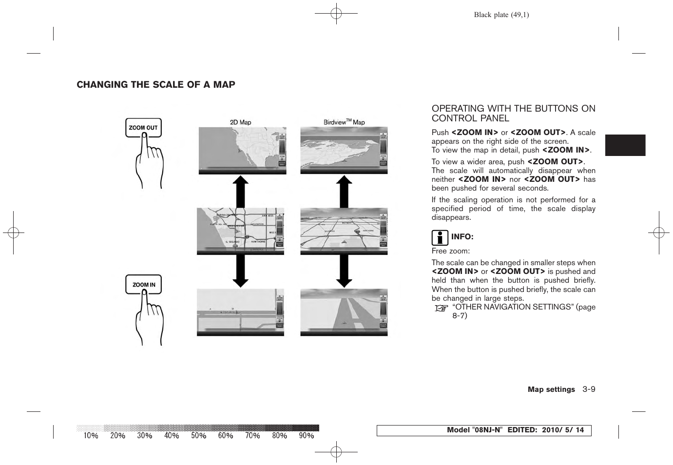 Changing the scale of a map -9, Operating with the buttons on control panel -9 | NISSAN 2010 Maxima - Navigation System Owner's Manual User Manual | Page 46 / 241