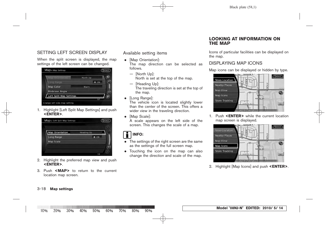 Setting left screen display -18, Looking at information on the map -18, Displaying map icons -18 | NISSAN 2010 Maxima - Navigation System Owner's Manual User Manual | Page 55 / 241