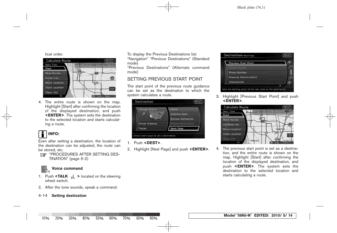 Setting previous start point -14 | NISSAN 2010 Maxima - Navigation System Owner's Manual User Manual | Page 73 / 241