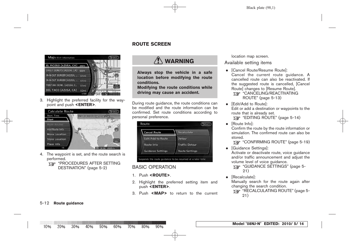 Route screen -12, Basic operation -12, Warning | NISSAN 2010 Maxima - Navigation System Owner's Manual User Manual | Page 93 / 241
