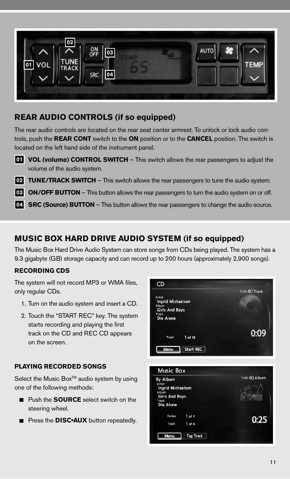 Rear audio controls (if so equipped), Music box hard drive audio system (if so equipped) | NISSAN 2010 Maxima - Quick Reference Guide User Manual | Page 13 / 48