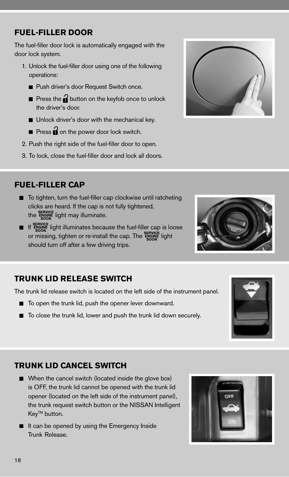 Fuel-filler door, Fuel-filler cap, Trunk lid release switch | Trunk lid cancel switch | NISSAN 2010 Maxima - Quick Reference Guide User Manual | Page 20 / 48
