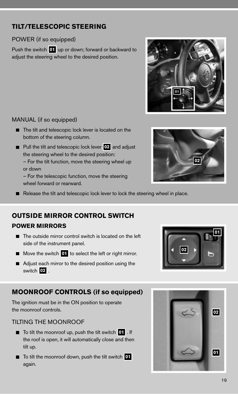 Tilt/telescopic steering, Outside mirror control switch, Moonroof controls (if so equipped) | NISSAN 2010 Maxima - Quick Reference Guide User Manual | Page 21 / 48