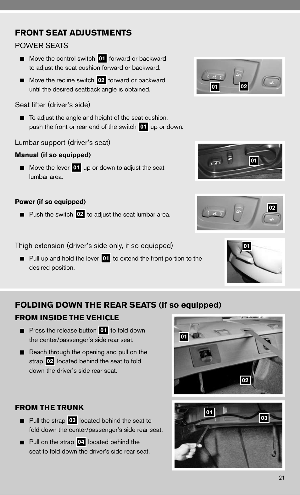 Front seat adjustments, Folding down the rear seats (if so equipped) | NISSAN 2010 Maxima - Quick Reference Guide User Manual | Page 23 / 48