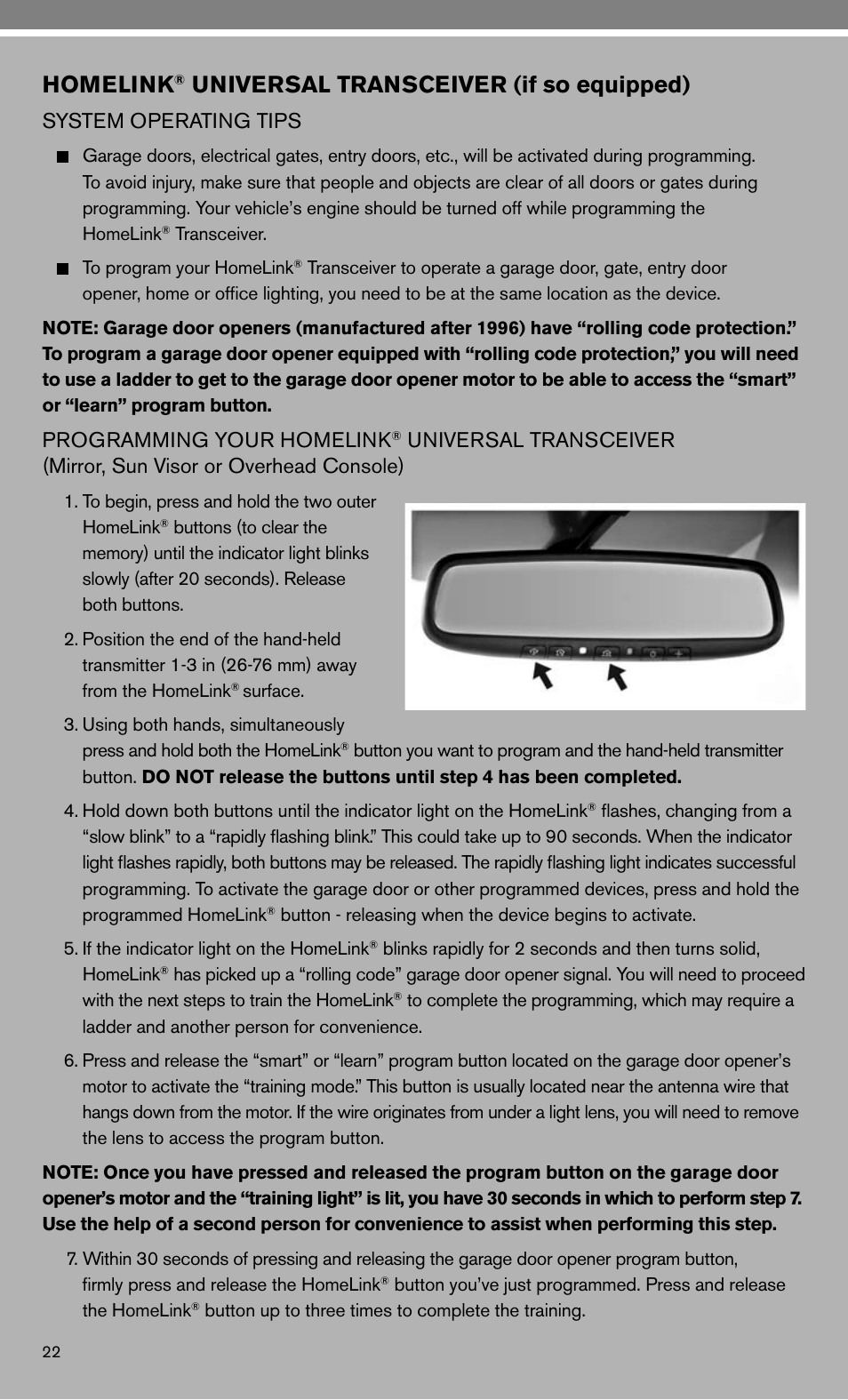 Homelink, Universal transceiver (if so equipped), System operating tips | Programming your homelink | NISSAN 2010 Maxima - Quick Reference Guide User Manual | Page 24 / 48