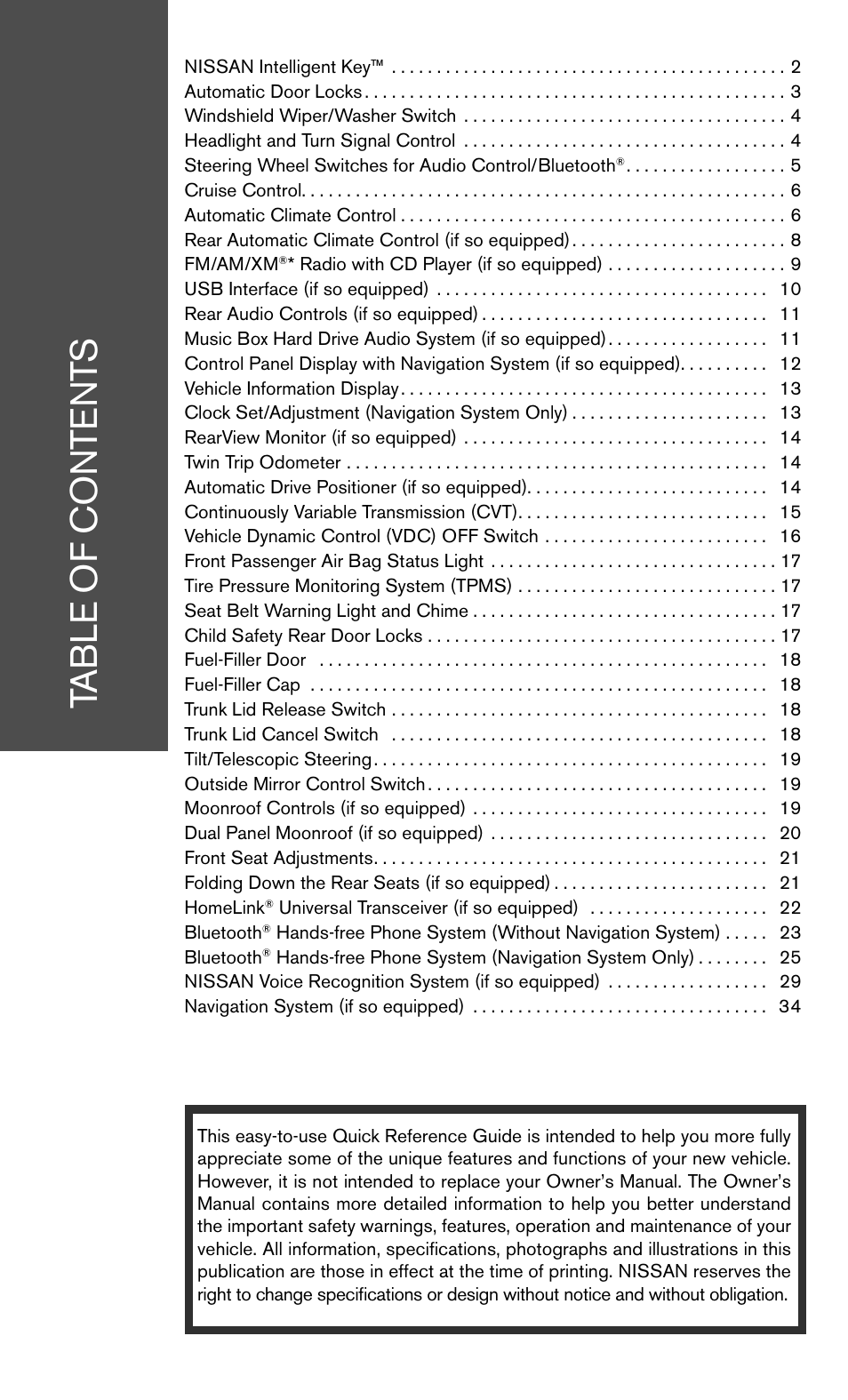 NISSAN 2010 Maxima - Quick Reference Guide User Manual | Page 3 / 48