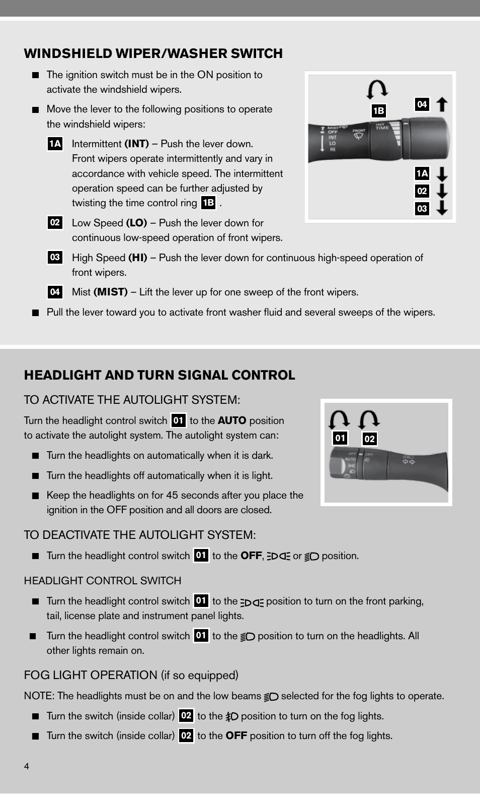 Windshield wiper/washer switch, Headlight and turn signal control | NISSAN 2010 Maxima - Quick Reference Guide User Manual | Page 6 / 48
