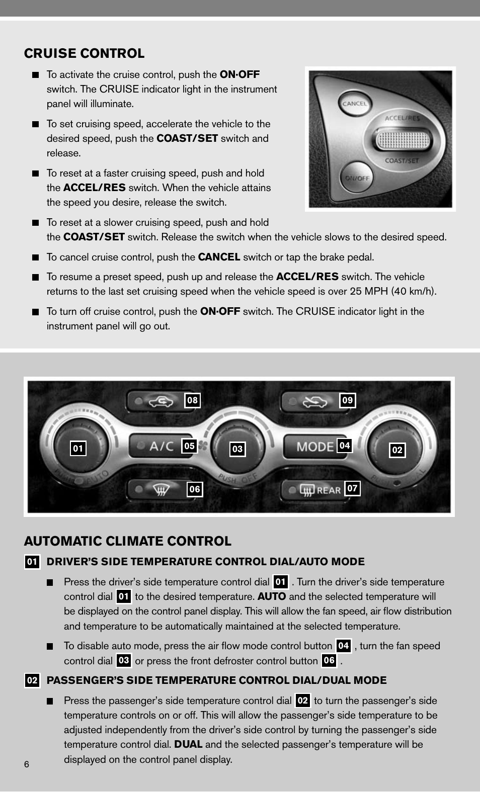Cruise control, Automatic climate control | NISSAN 2010 Maxima - Quick Reference Guide User Manual | Page 8 / 48
