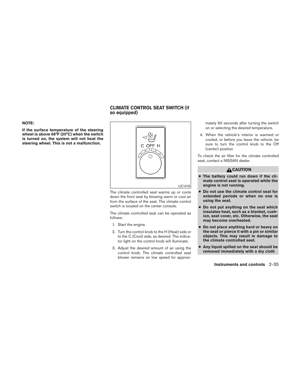 Climate control seat switch (if so equipped) -35 | NISSAN 2011 Maxima - Owner's Manual User Manual | Page 106 / 454