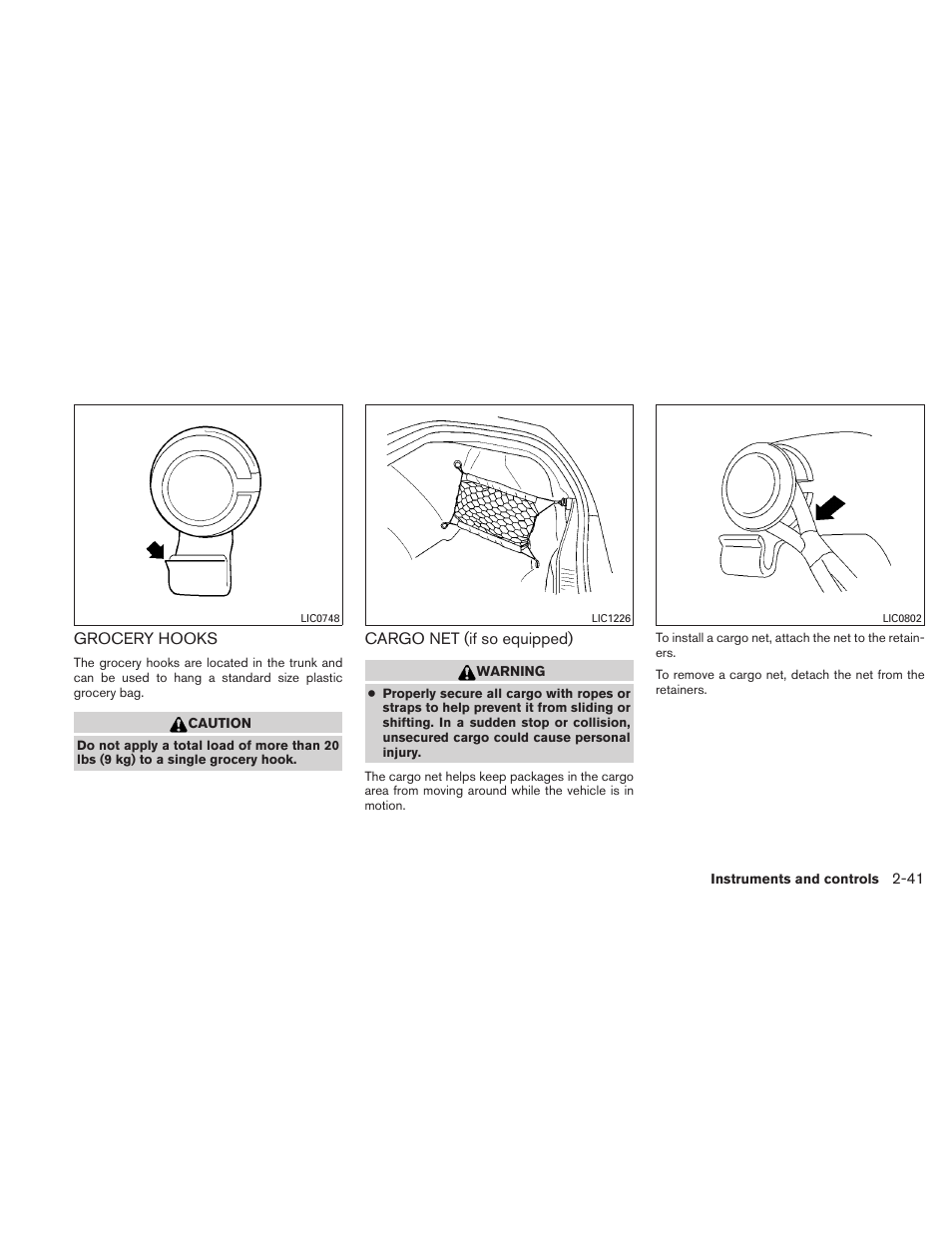 Grocery hooks -41 cargo net (if so equipped) -41 | NISSAN 2011 Maxima - Owner's Manual User Manual | Page 112 / 454