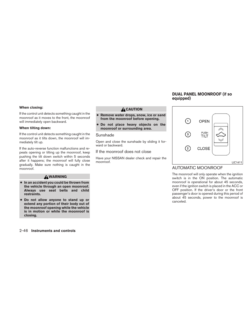 Dual panel moonroof (if so equipped) -46, Automatic moonroof -46 | NISSAN 2011 Maxima - Owner's Manual User Manual | Page 117 / 454
