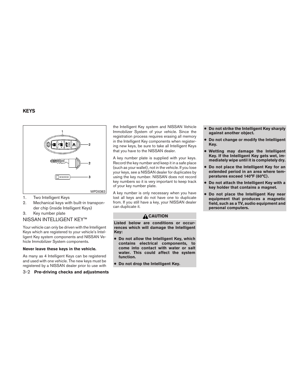 Keys -2, Nissan intelligent key™ -2 | NISSAN 2011 Maxima - Owner's Manual User Manual | Page 129 / 454