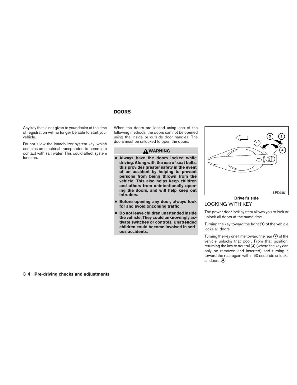 Doors -4, Locking with key -4 | NISSAN 2011 Maxima - Owner's Manual User Manual | Page 131 / 454