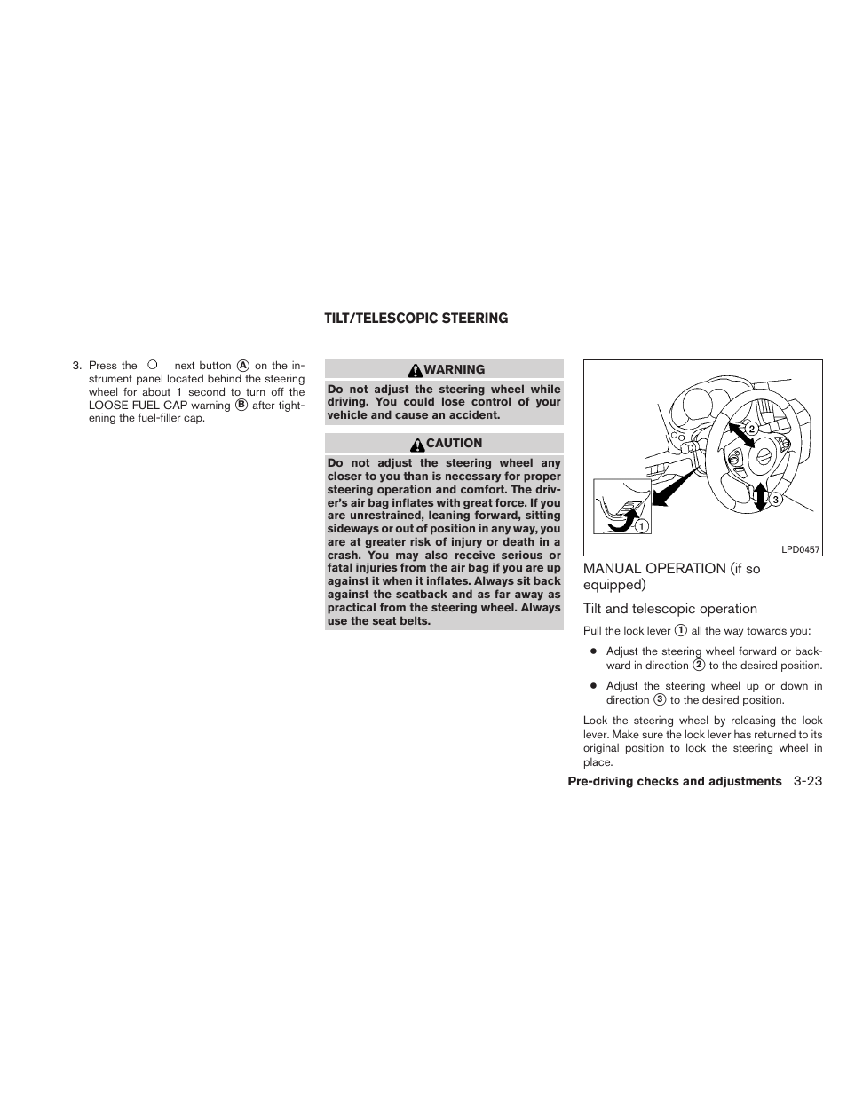 Tilt/telescopic steering -23, Manual operation (if so equipped) -23 | NISSAN 2011 Maxima - Owner's Manual User Manual | Page 150 / 454