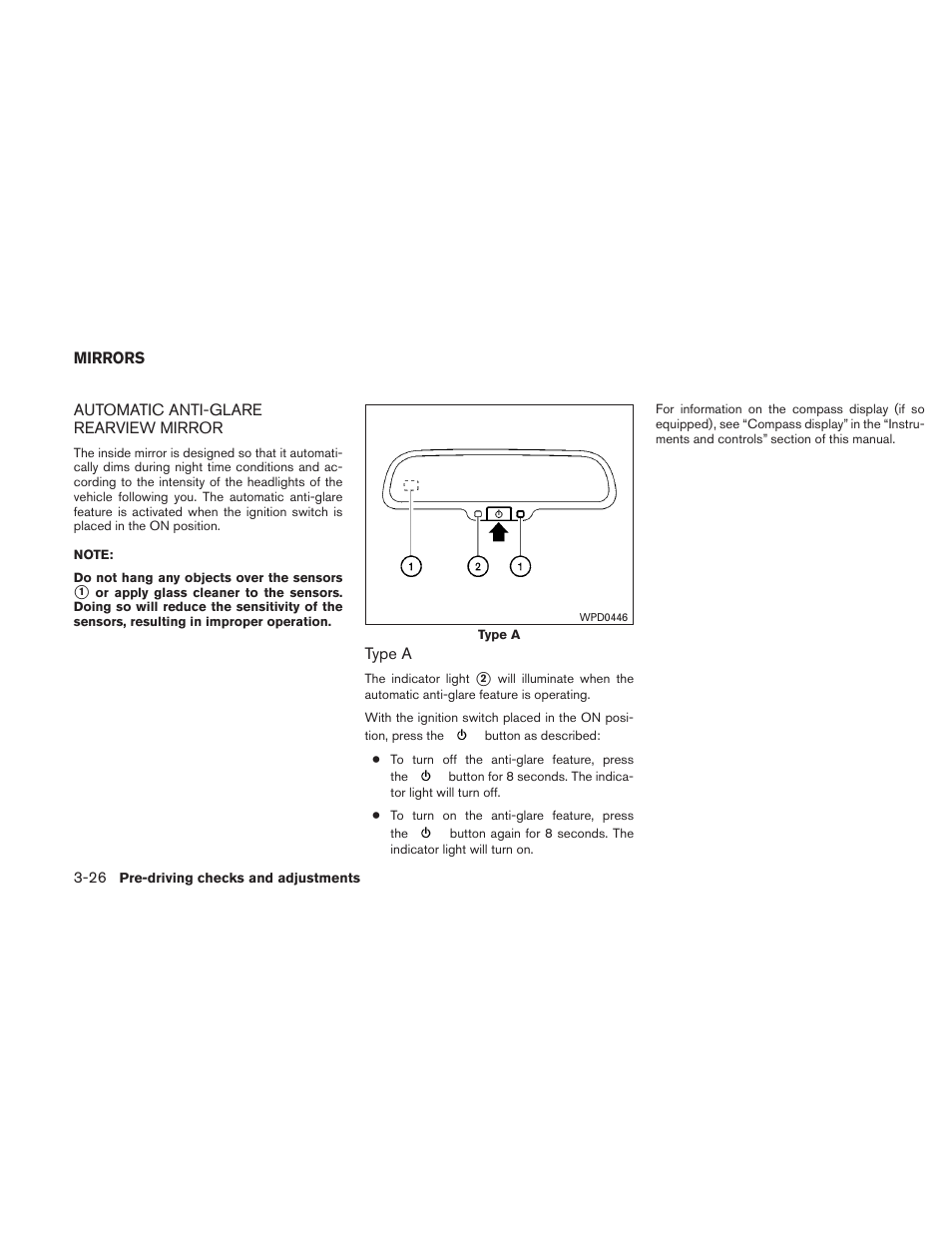 Mirrors -26, Automatic anti-glare rearview mirror -26 | NISSAN 2011 Maxima - Owner's Manual User Manual | Page 153 / 454