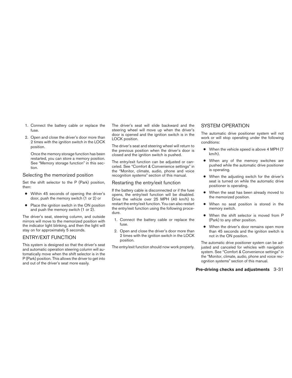 Entry/exit function -31 system operation -31 | NISSAN 2011 Maxima - Owner's Manual User Manual | Page 158 / 454