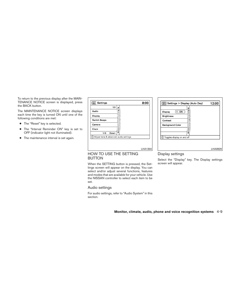 How to use the setting button -9 | NISSAN 2011 Maxima - Owner's Manual User Manual | Page 168 / 454