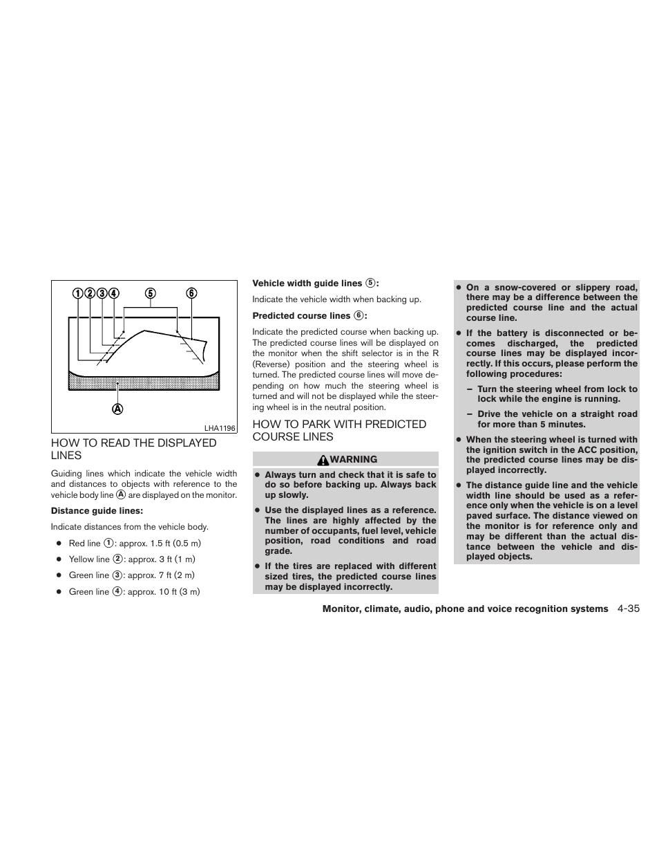 How to read the displayed lines -35, How to park with predicted course lines -35 | NISSAN 2011 Maxima - Owner's Manual User Manual | Page 194 / 454