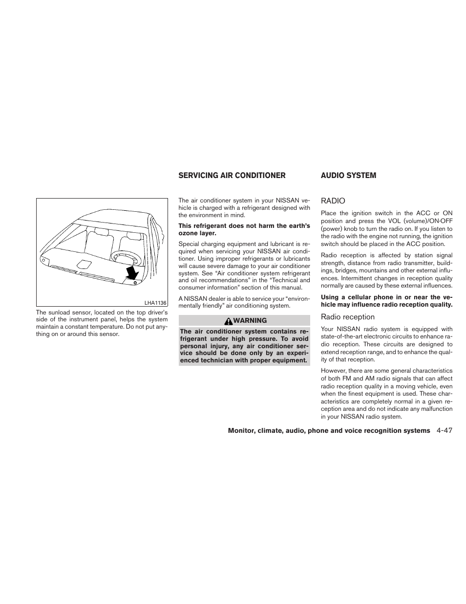 Servicing air conditioner -47 audio system -47, Radio -47 | NISSAN 2011 Maxima - Owner's Manual User Manual | Page 206 / 454