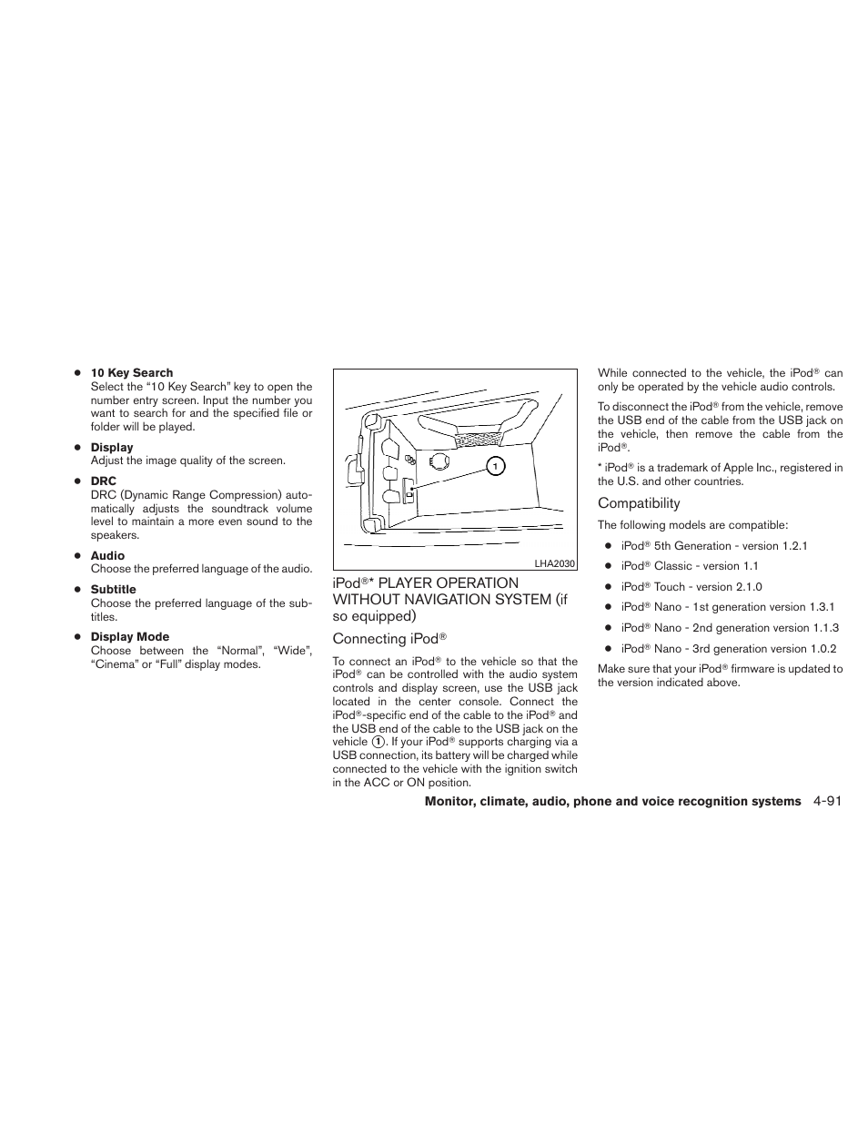Ipod, Player operation without navigation, System (if so equipped) -91 | NISSAN 2011 Maxima - Owner's Manual User Manual | Page 250 / 454