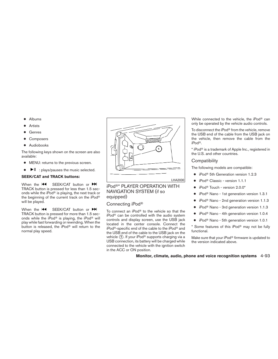 Ipod, Player operation with navigation, System (if so equipped) -93 | NISSAN 2011 Maxima - Owner's Manual User Manual | Page 252 / 454