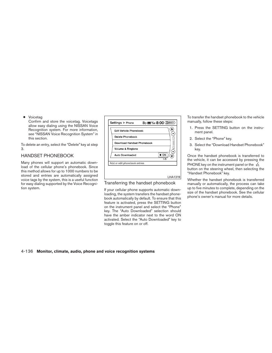 Handset phonebook -136 | NISSAN 2011 Maxima - Owner's Manual User Manual | Page 295 / 454