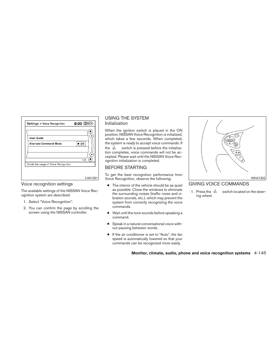 Using the system -145 before starting -145, Giving voice commands -145 | NISSAN 2011 Maxima - Owner's Manual User Manual | Page 304 / 454