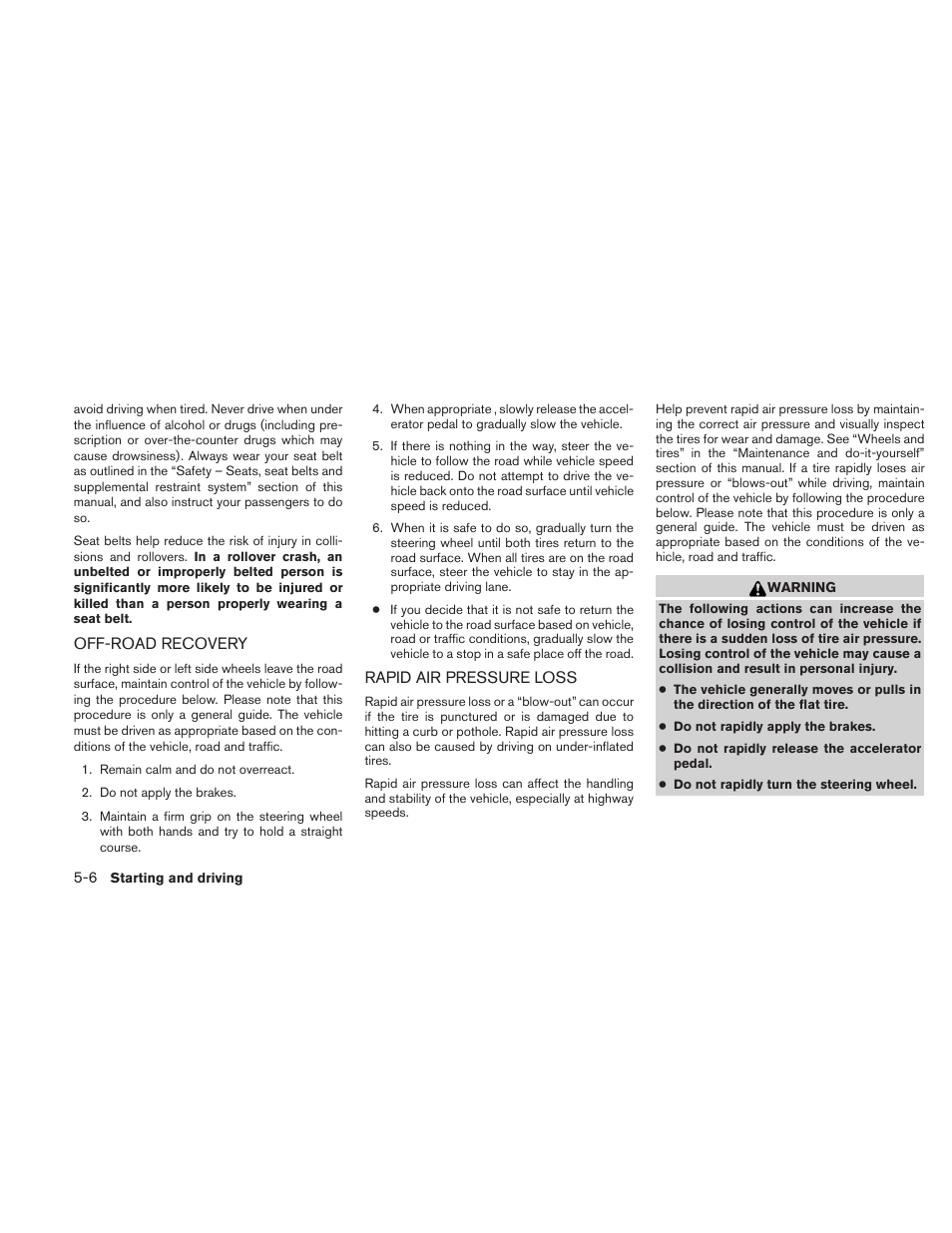 Off-road recovery -6 rapid air pressure loss -6 | NISSAN 2011 Maxima - Owner's Manual User Manual | Page 329 / 454