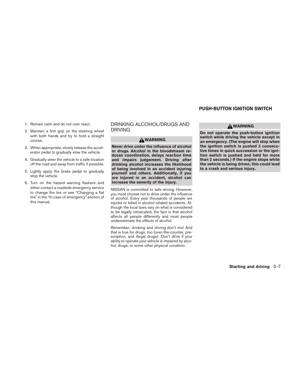 Drinking alcohol/drugs and driving -7, Push-button ignition switch -7 | NISSAN 2011 Maxima - Owner's Manual User Manual | Page 330 / 454