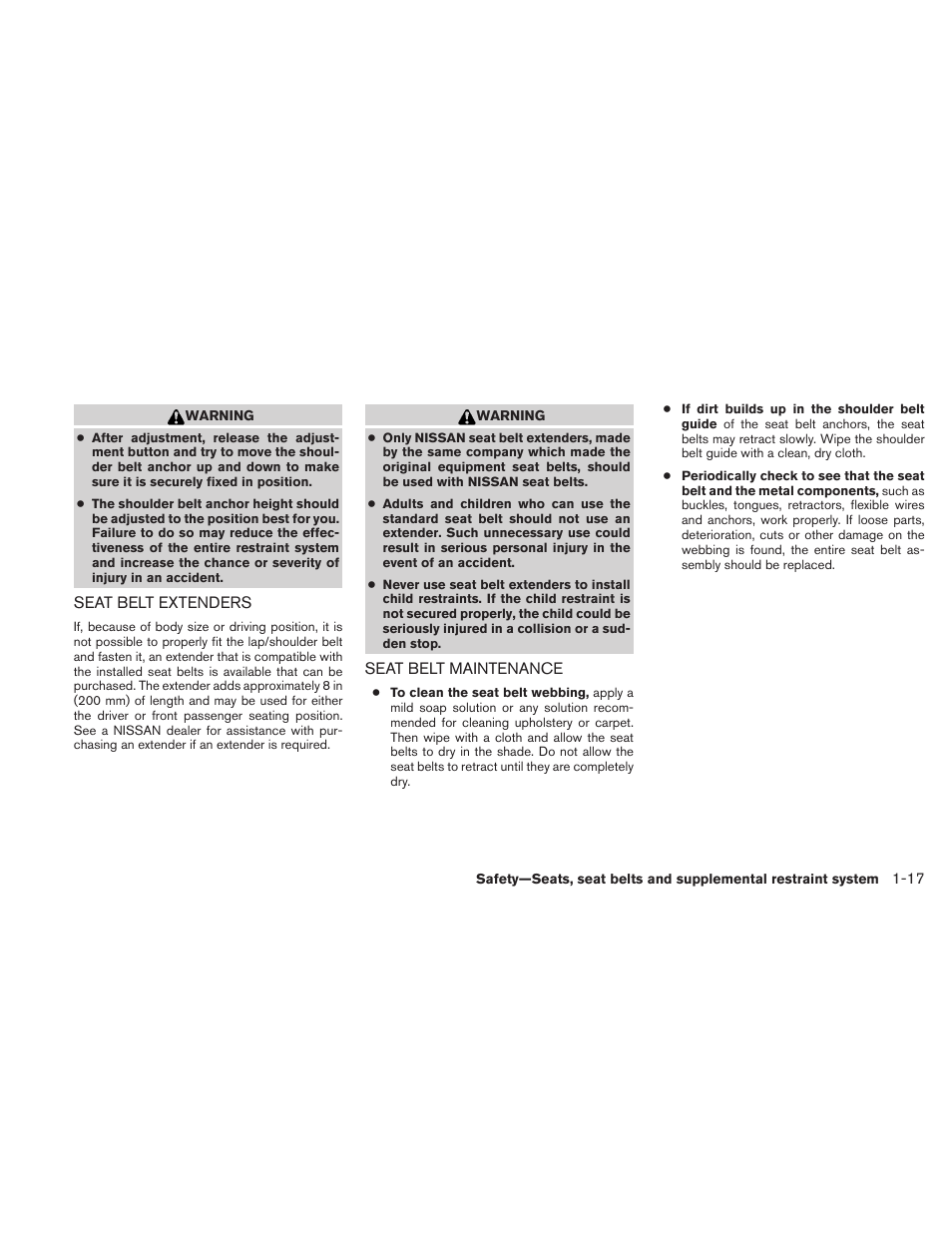Seat belt extenders -17 seat belt maintenance -17 | NISSAN 2011 Maxima - Owner's Manual User Manual | Page 34 / 454