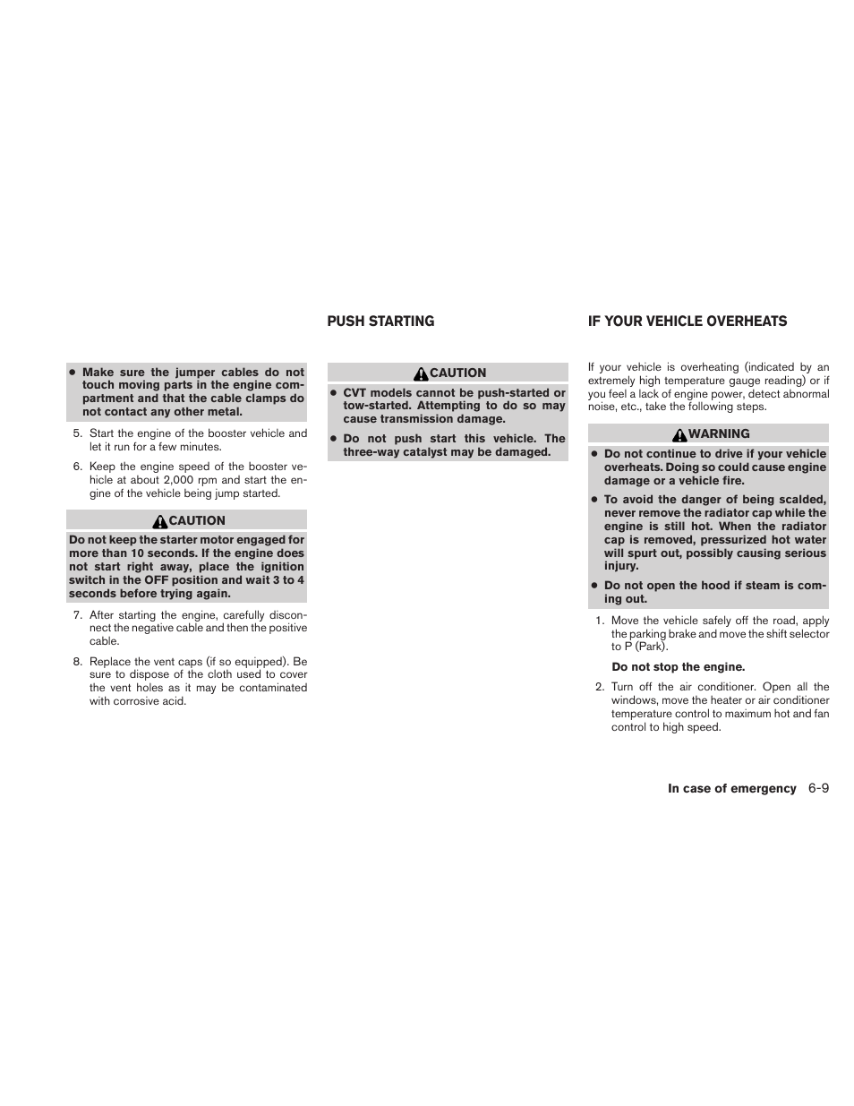 Push starting -9 if your vehicle overheats -9 | NISSAN 2011 Maxima - Owner's Manual User Manual | Page 360 / 454