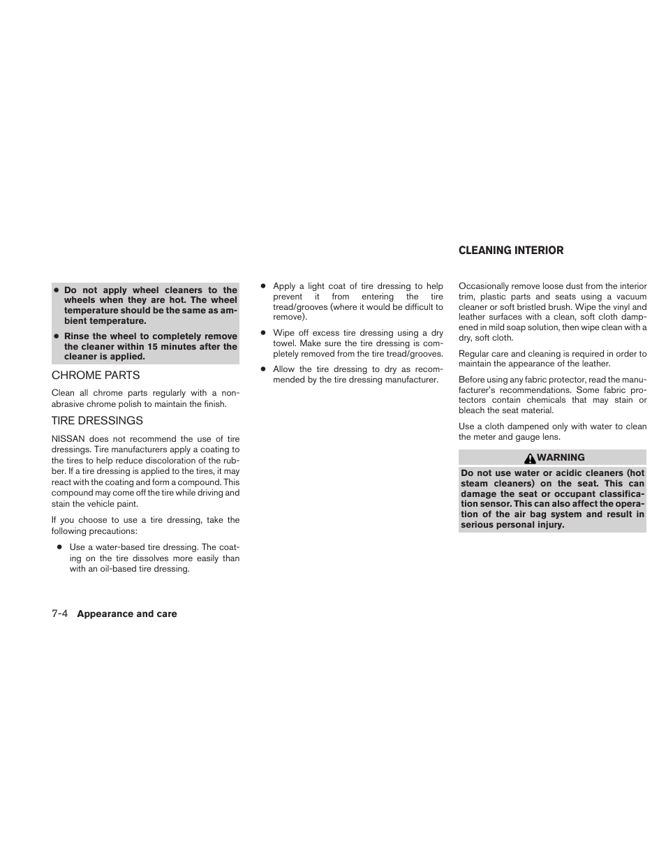 Chrome parts -4 tire dressings -4, Cleaning interior -4 | NISSAN 2011 Maxima - Owner's Manual User Manual | Page 369 / 454