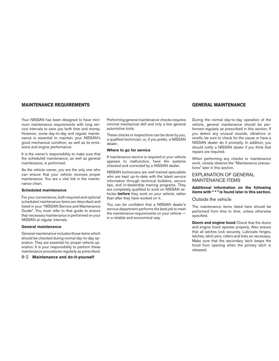 Maintenance requirements -2 general maintenance -2, Explanation of general maintenance items -2 | NISSAN 2011 Maxima - Owner's Manual User Manual | Page 375 / 454