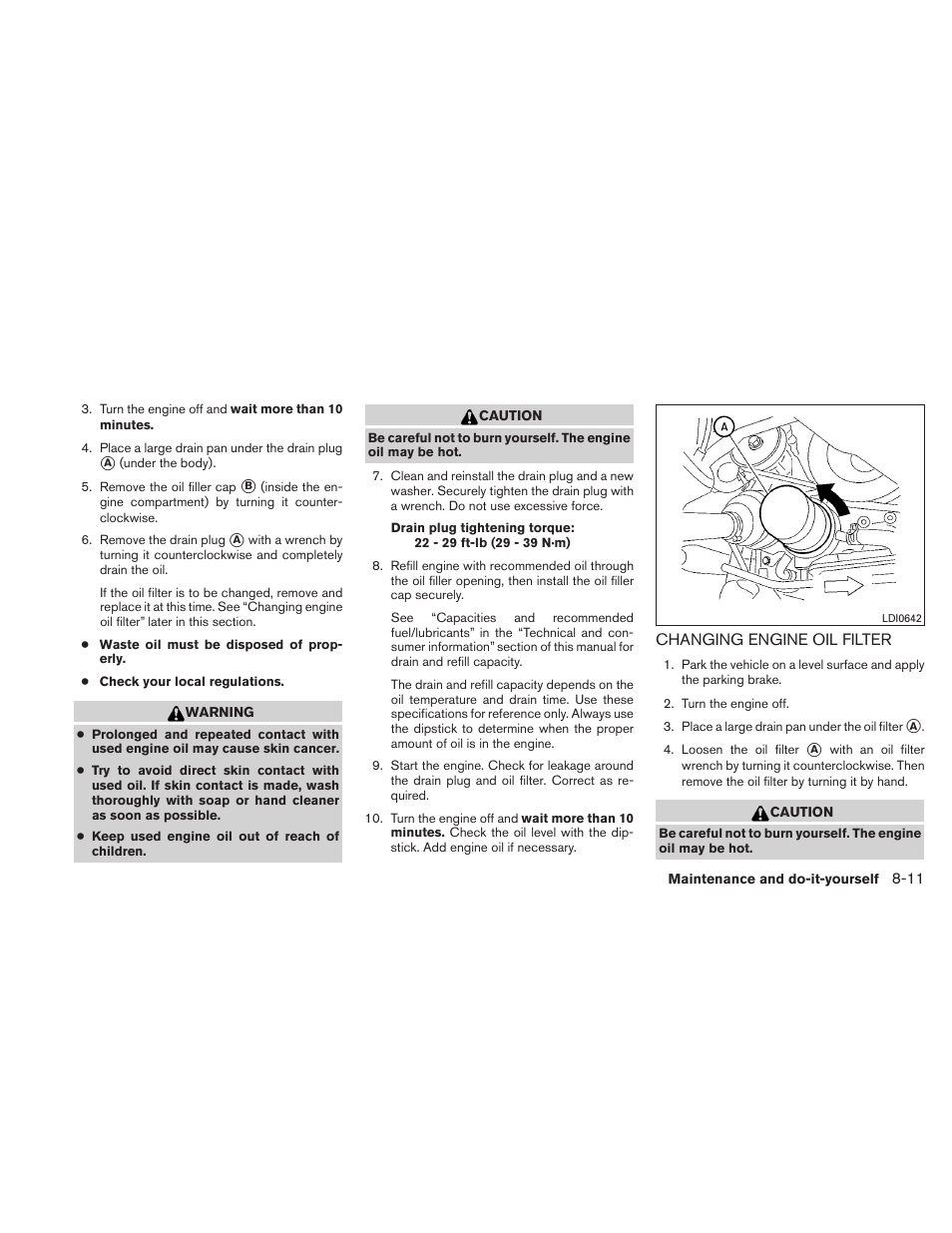 Changing engine oil filter -11 | NISSAN 2011 Maxima - Owner's Manual User Manual | Page 384 / 454