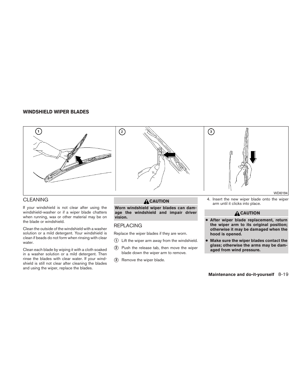 Windshield wiper blades -19, Cleaning -19 replacing -19 | NISSAN 2011 Maxima - Owner's Manual User Manual | Page 392 / 454