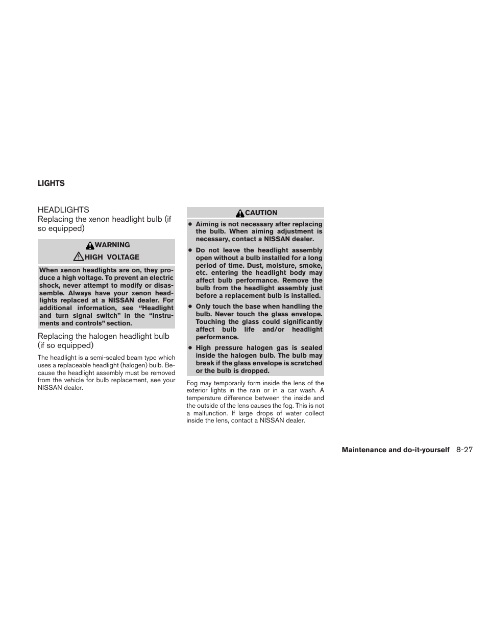 Lights -27, Headlights -27 | NISSAN 2011 Maxima - Owner's Manual User Manual | Page 400 / 454