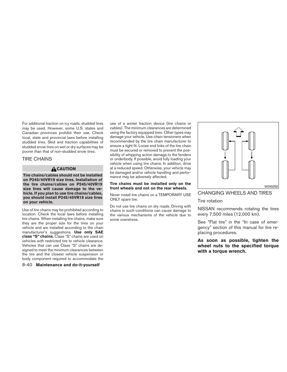 Tire chains -40 changing wheels and tires -40 | NISSAN 2011 Maxima - Owner's Manual User Manual | Page 413 / 454