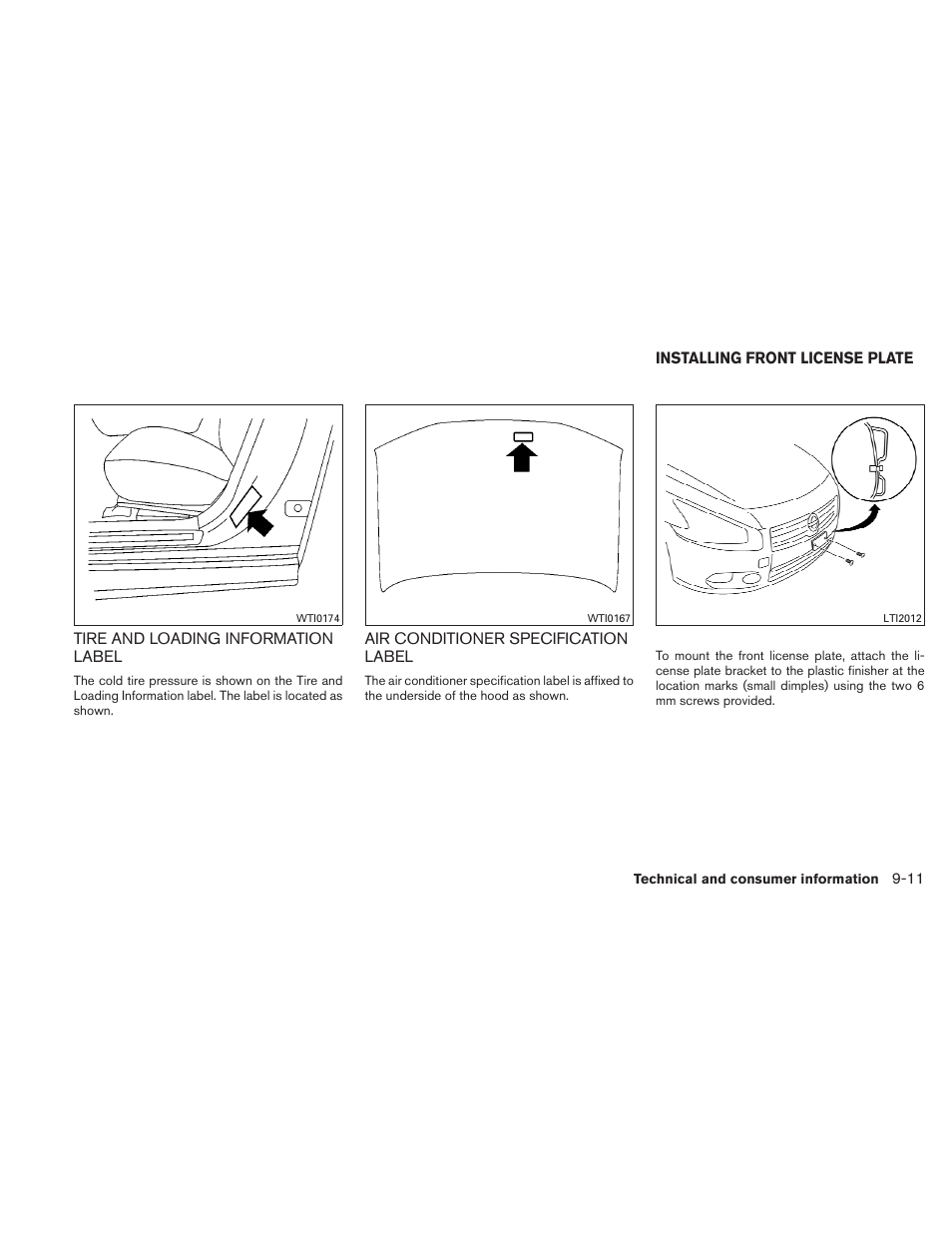 Tire and loading information label -11, Air conditioner specification label -11, Installing front license plate -11 | NISSAN 2011 Maxima - Owner's Manual User Manual | Page 428 / 454