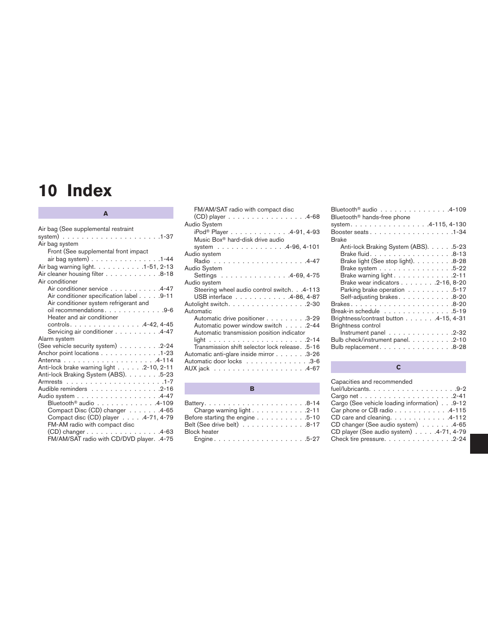 Index, 10 index | NISSAN 2011 Maxima - Owner's Manual User Manual | Page 446 / 454