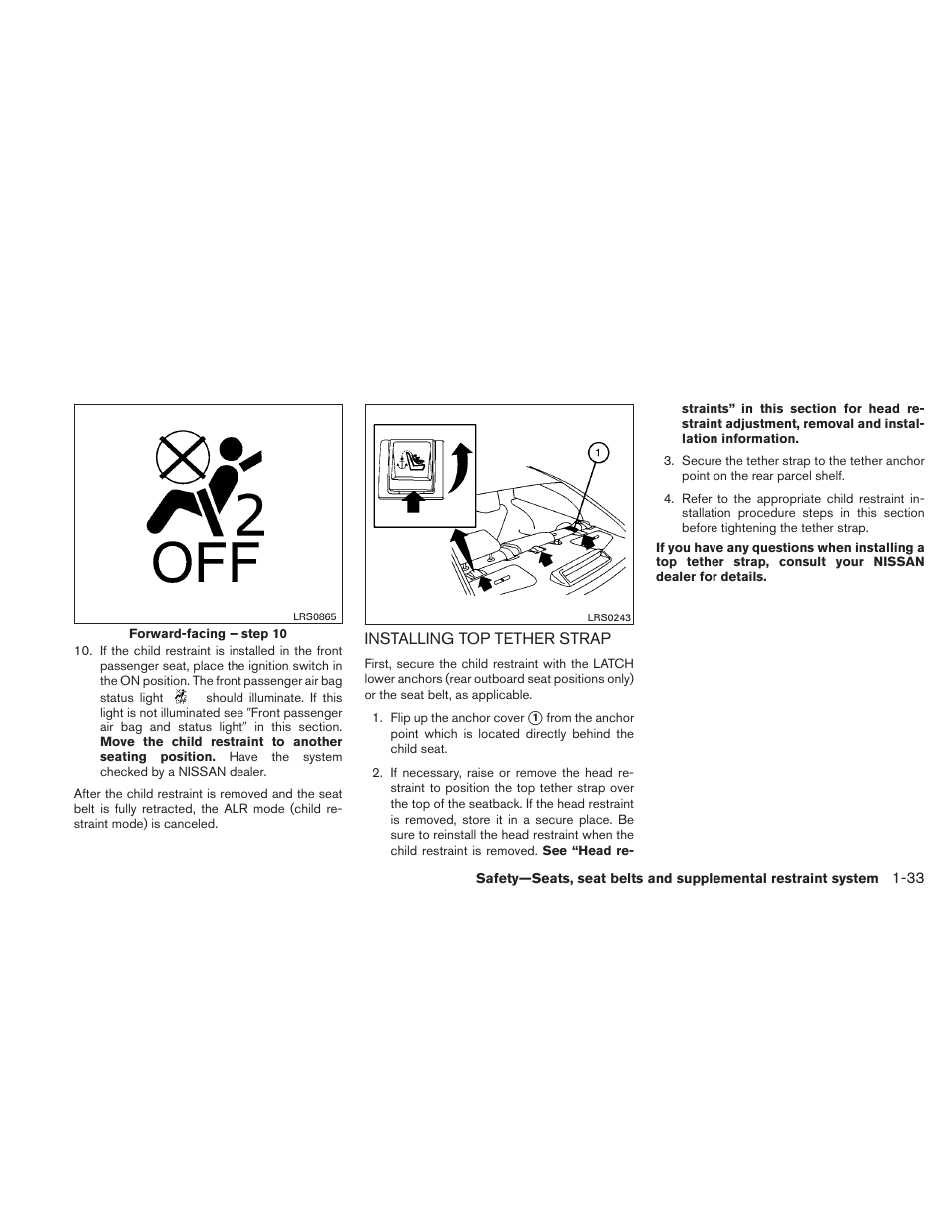 Installing top tether strap -33 | NISSAN 2011 Maxima - Owner's Manual User Manual | Page 50 / 454