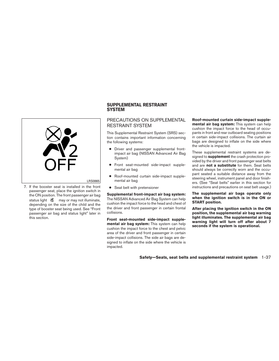 Supplemental restraint system -37, Precautions on supplemental restraint system -37 | NISSAN 2011 Maxima - Owner's Manual User Manual | Page 54 / 454