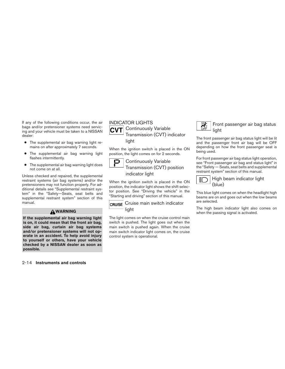 Indicator lights -14 | NISSAN 2011 Maxima - Owner's Manual User Manual | Page 85 / 454