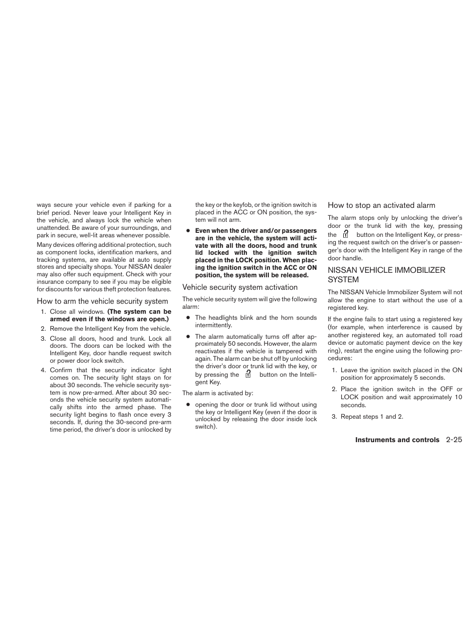 Nissan vehicle immobilizer system -25 | NISSAN 2011 Maxima - Owner's Manual User Manual | Page 96 / 454