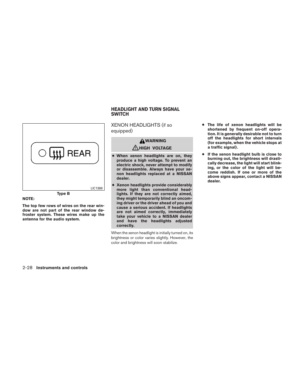 Headlight and turn signal switch -28, Xenon headlights (if so equipped) -28 | NISSAN 2011 Maxima - Owner's Manual User Manual | Page 99 / 454