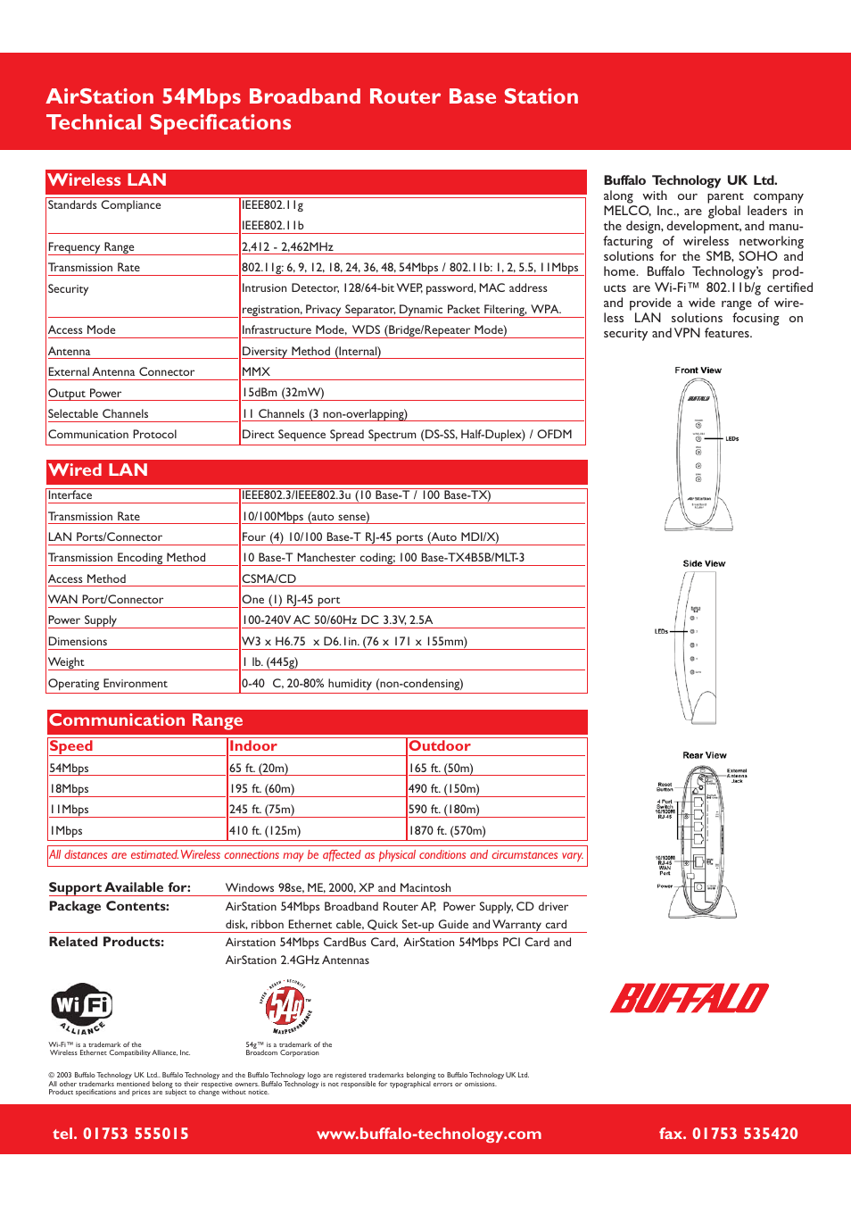 Wireless lan, Wired lan, Communication range | Buffalo Technology AIRSTATION WBR-G54 User Manual | Page 2 / 2