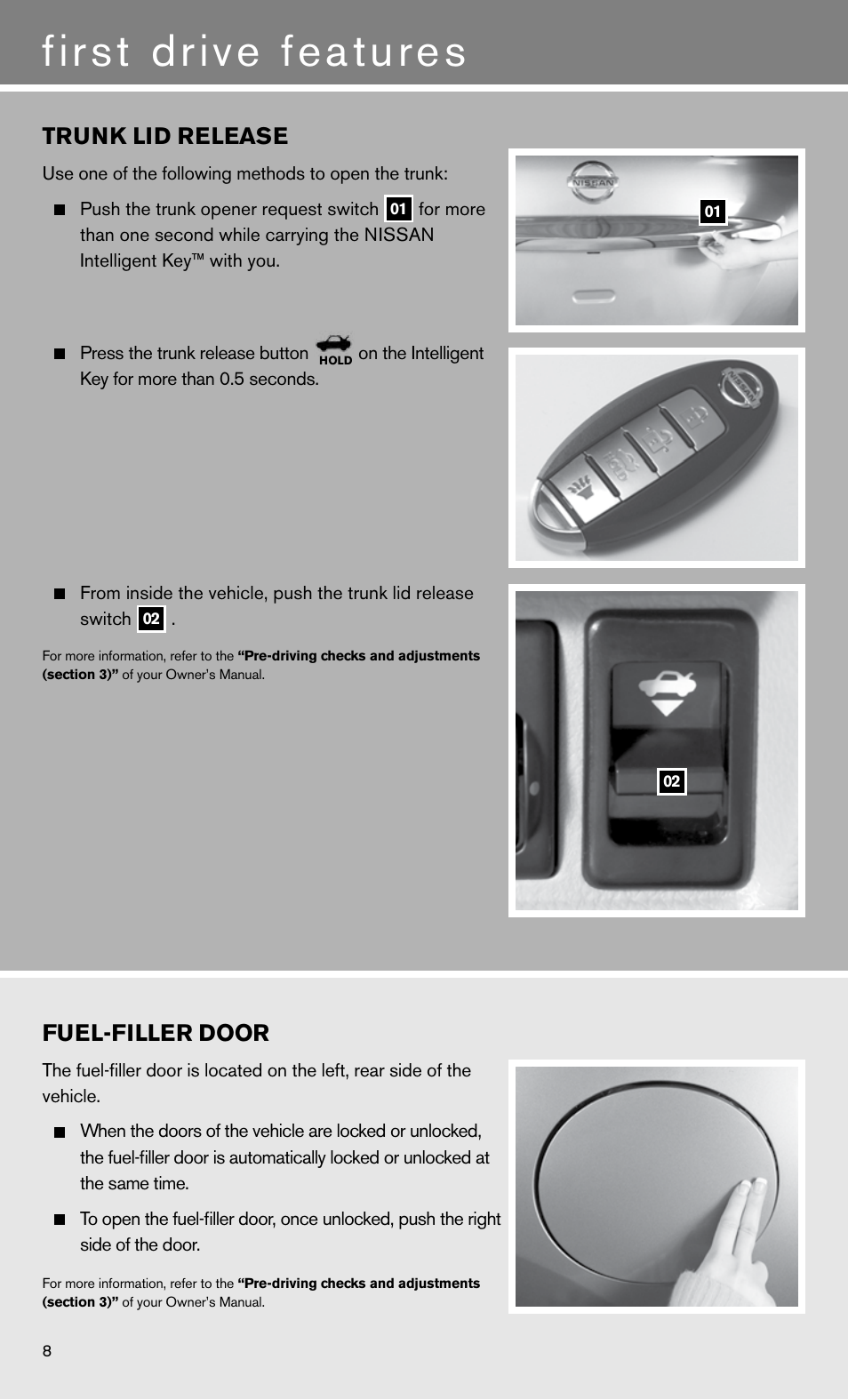 First drive features, Fuel-filler door, Trunk lid release | NISSAN 2011 Maxima - Quick Reference Guide User Manual | Page 10 / 16