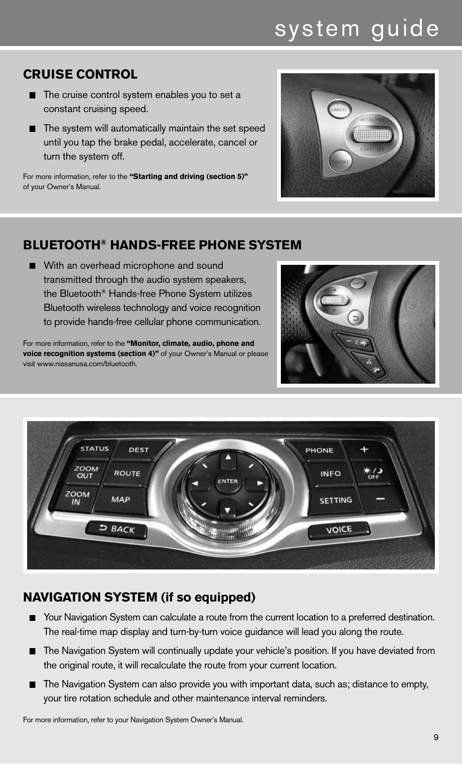 System guide, Bluetooth, Hands-free phone system | Cruise control, Navigation system (if so equipped) | NISSAN 2011 Maxima - Quick Reference Guide User Manual | Page 11 / 16