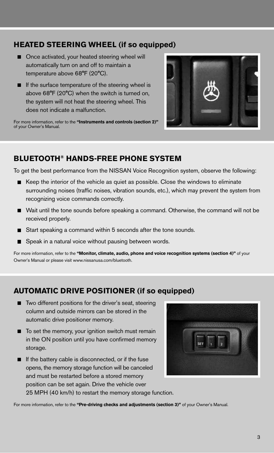 Heated steering wheel (if so equipped), Bluetooth, Hands-free phone system | Automatic drive positioner (if so equipped) | NISSAN 2011 Maxima - Quick Reference Guide User Manual | Page 5 / 16