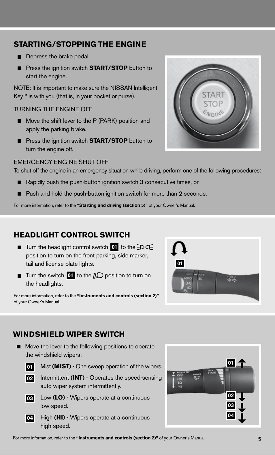 Starting/stopping the engine, Headlight control switch, Windshield wiper switch | NISSAN 2011 Maxima - Quick Reference Guide User Manual | Page 7 / 16